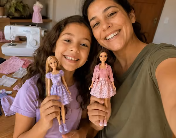 M&atilde;e e filha sorrindo com fashion dolls usando roupinhas costuradas