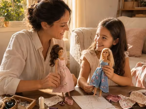M&atilde;e e filha costurando roupinhas para fashion dolls em uma mesa com moldes
