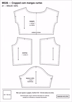 M026 cropped com mangas curtas com medidas do molde