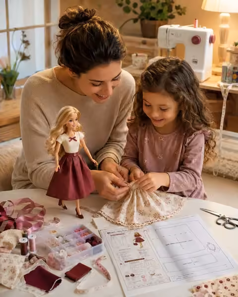 M&atilde;e e filha montando roupinha de fashion doll com molde impresso na mesa