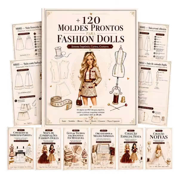 Mockup completo dos Moldes Prontos para Fashion Dolls e todos os b&ocirc;nus